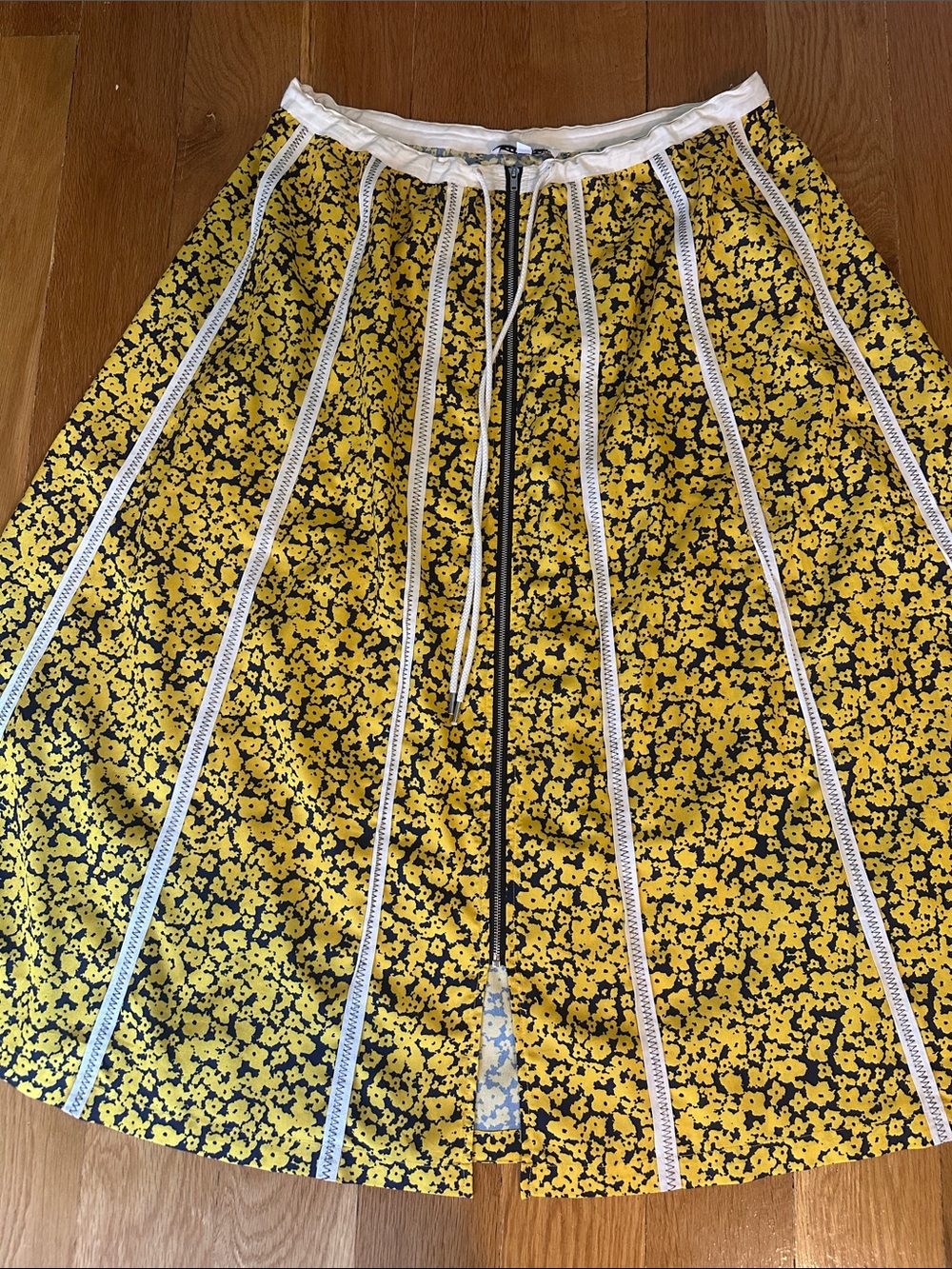 Derek Lam Yellow Floral A-Line Skirt with White Trim and Black Accents